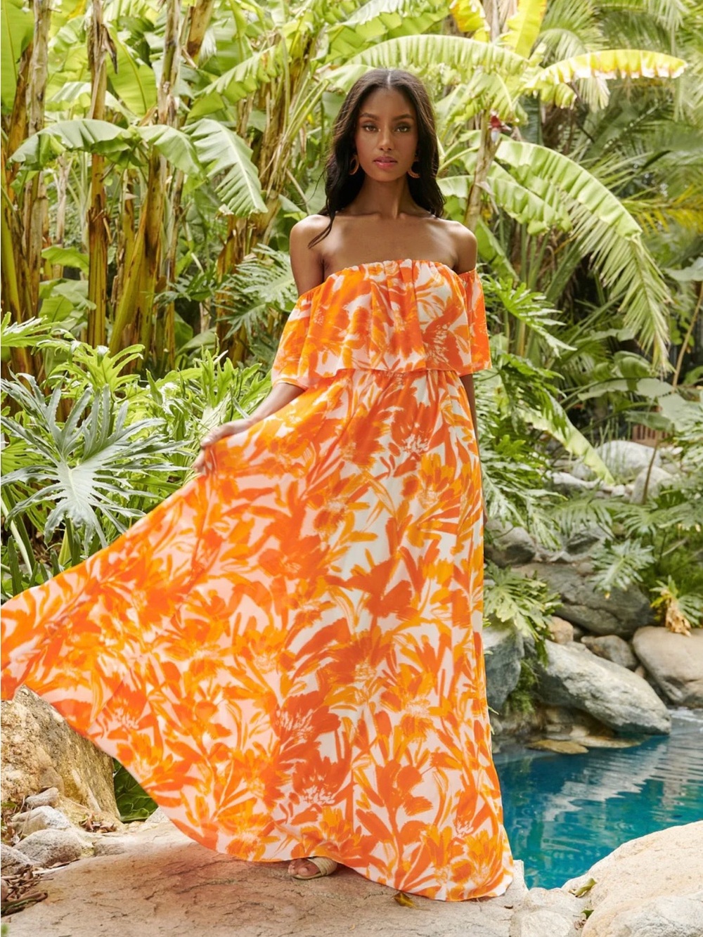 NWT Sugarlips Tropical Dreamsicle Enamored Off The Shoulder Ruffle Dress Large - Picture 1 of 9